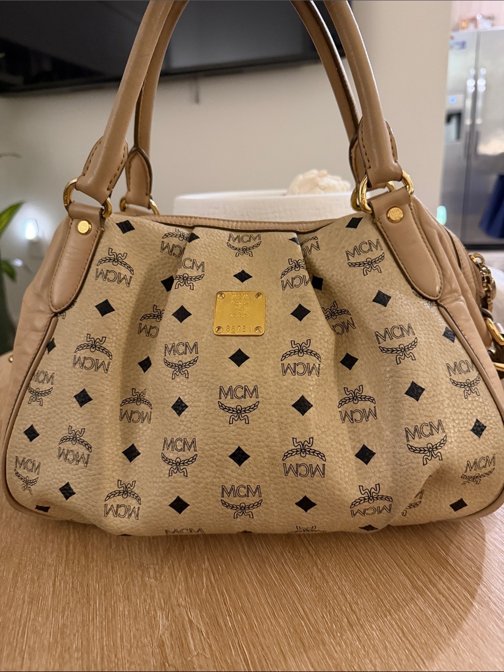 MCM Beige Visetos Logo Leather Satchel
